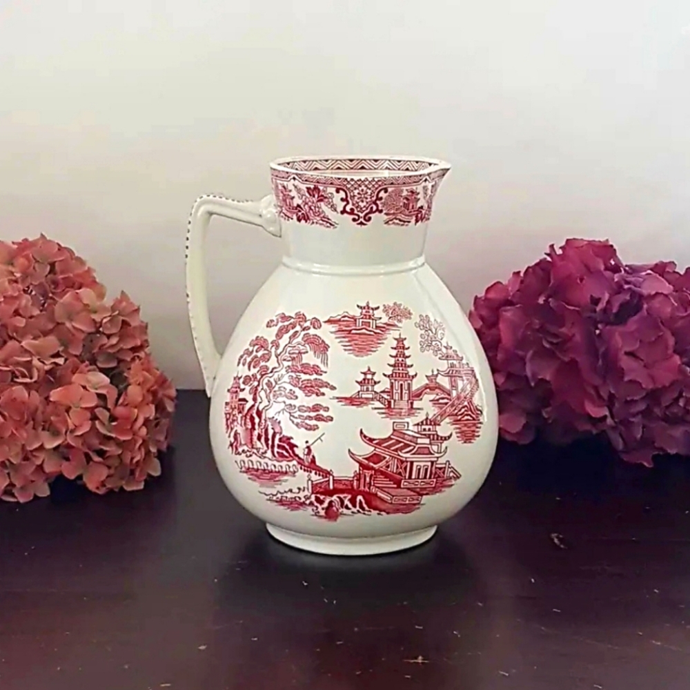 Red Toile Wash Basin Transferware Pitcher Farmhouse Flower Vase